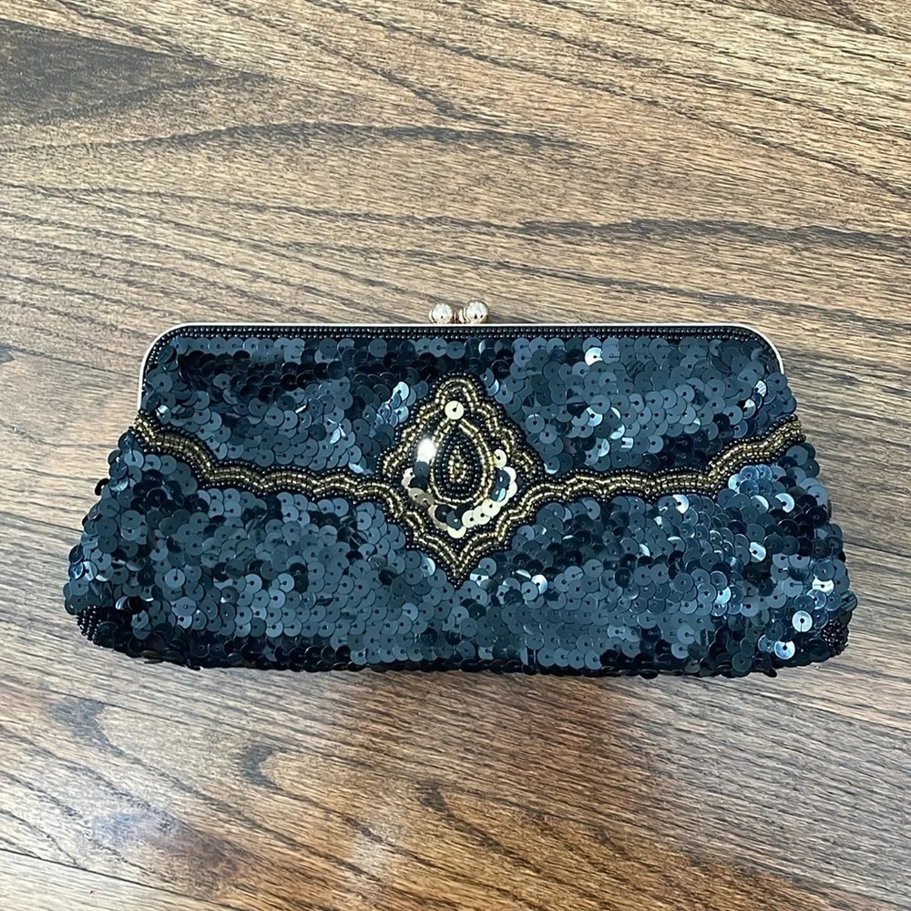 The Limited Black Sequin and Gold Beaded Clutch Handbag